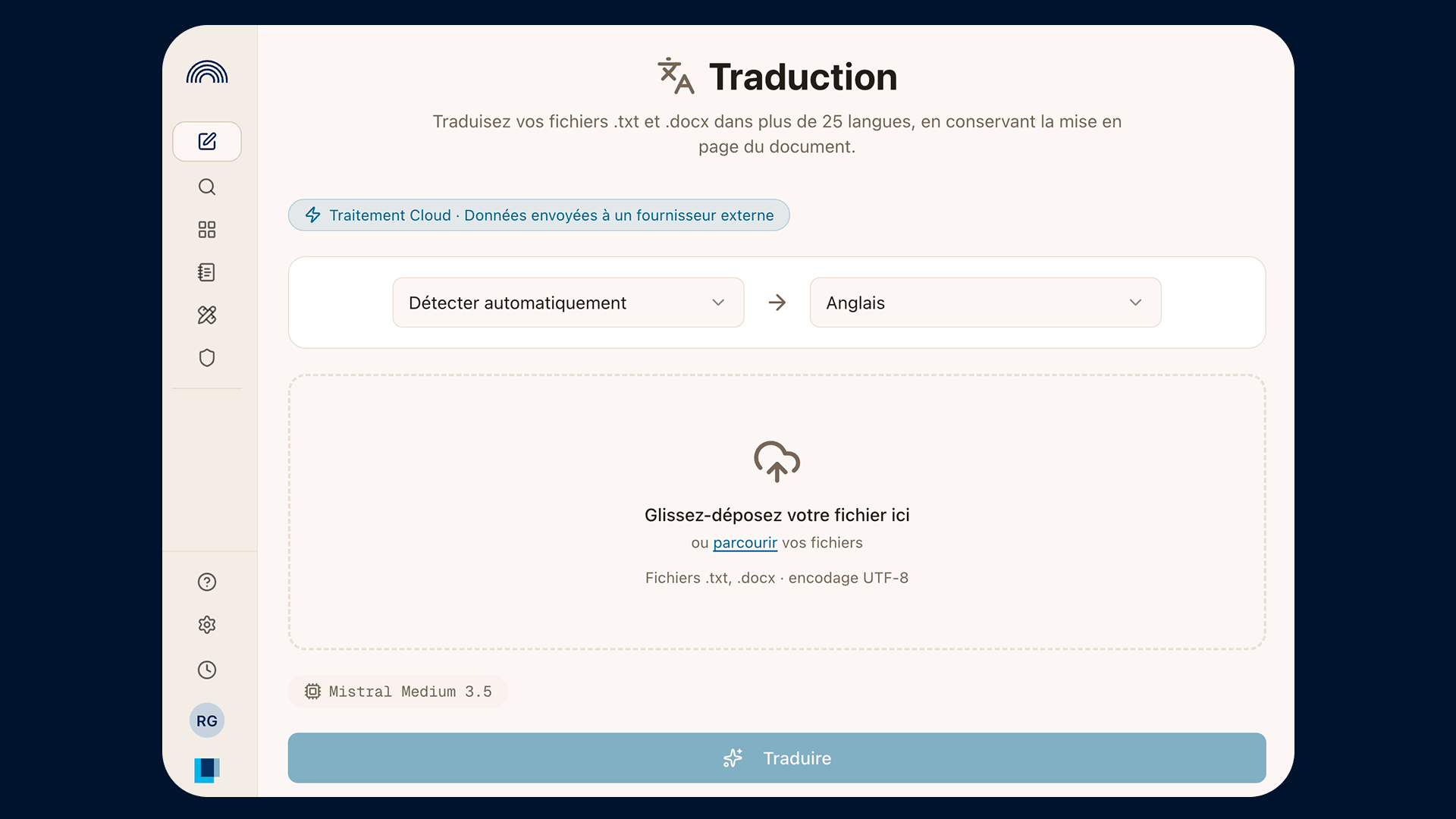 Illustration de l'interface qui permet de charger une document dans Piccolo Traduction