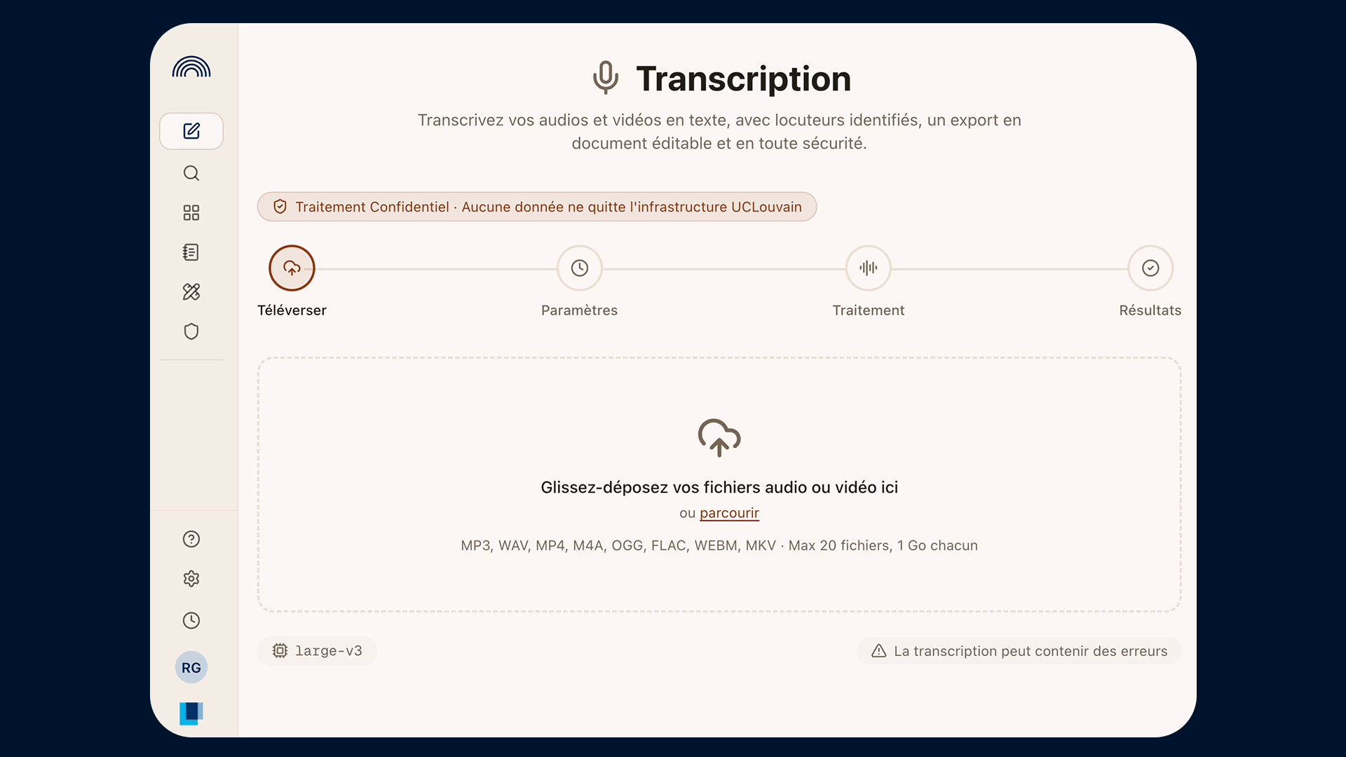 Illustration d'une interface qui permet d'intégrer un audio pour le transcrire en texte